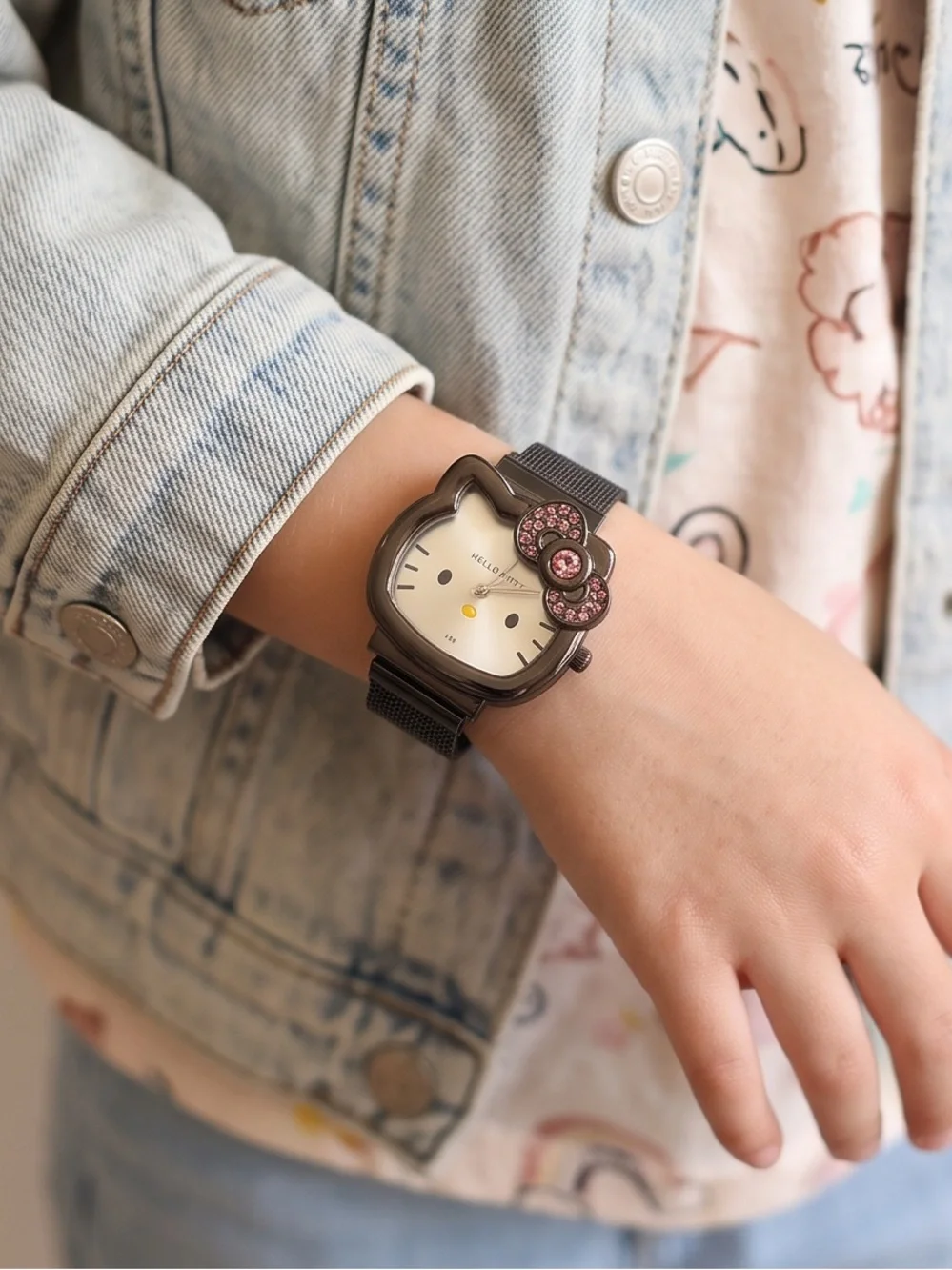 Hello Kitty Black Mesh Watch with Pink Crystal Bow Accent